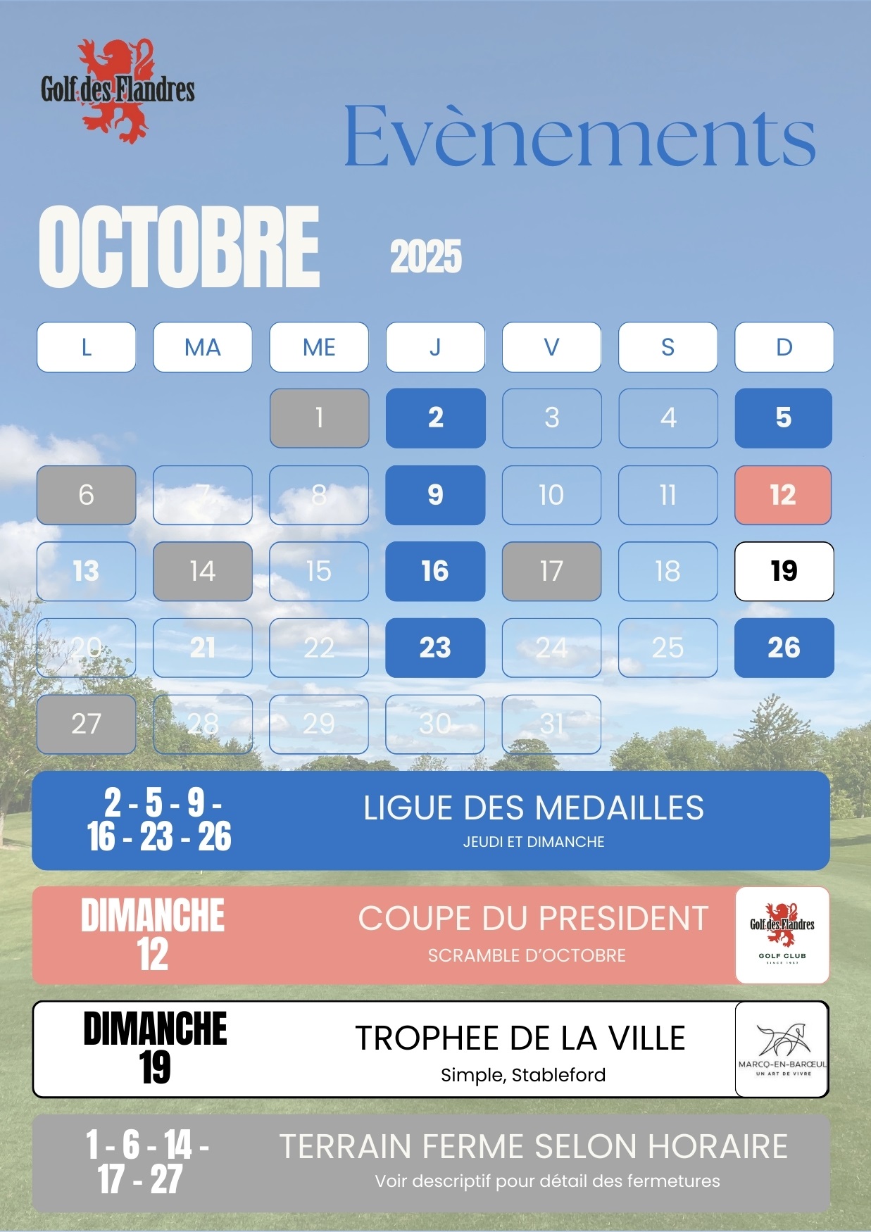 CALENDRIER OCTOBRE 2025 Golf des Flandres